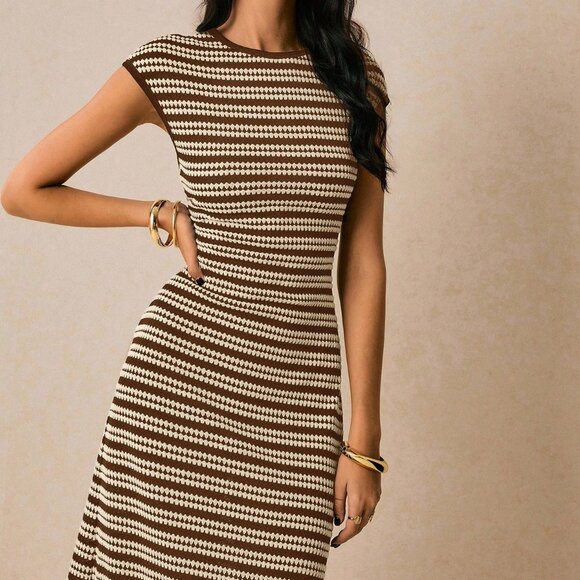 Brown Casual Women's Striped Round Neck Dolman Sleeve Dress - Picture 8 of 8